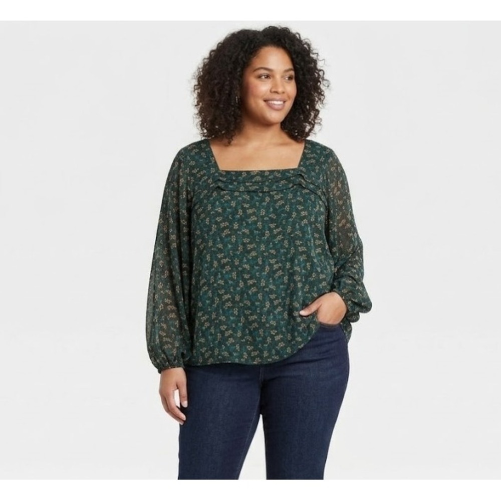 Papermoon size 3X Green Yellow Leaf Print Square Neck Puff Sleeve Blouse Peasant